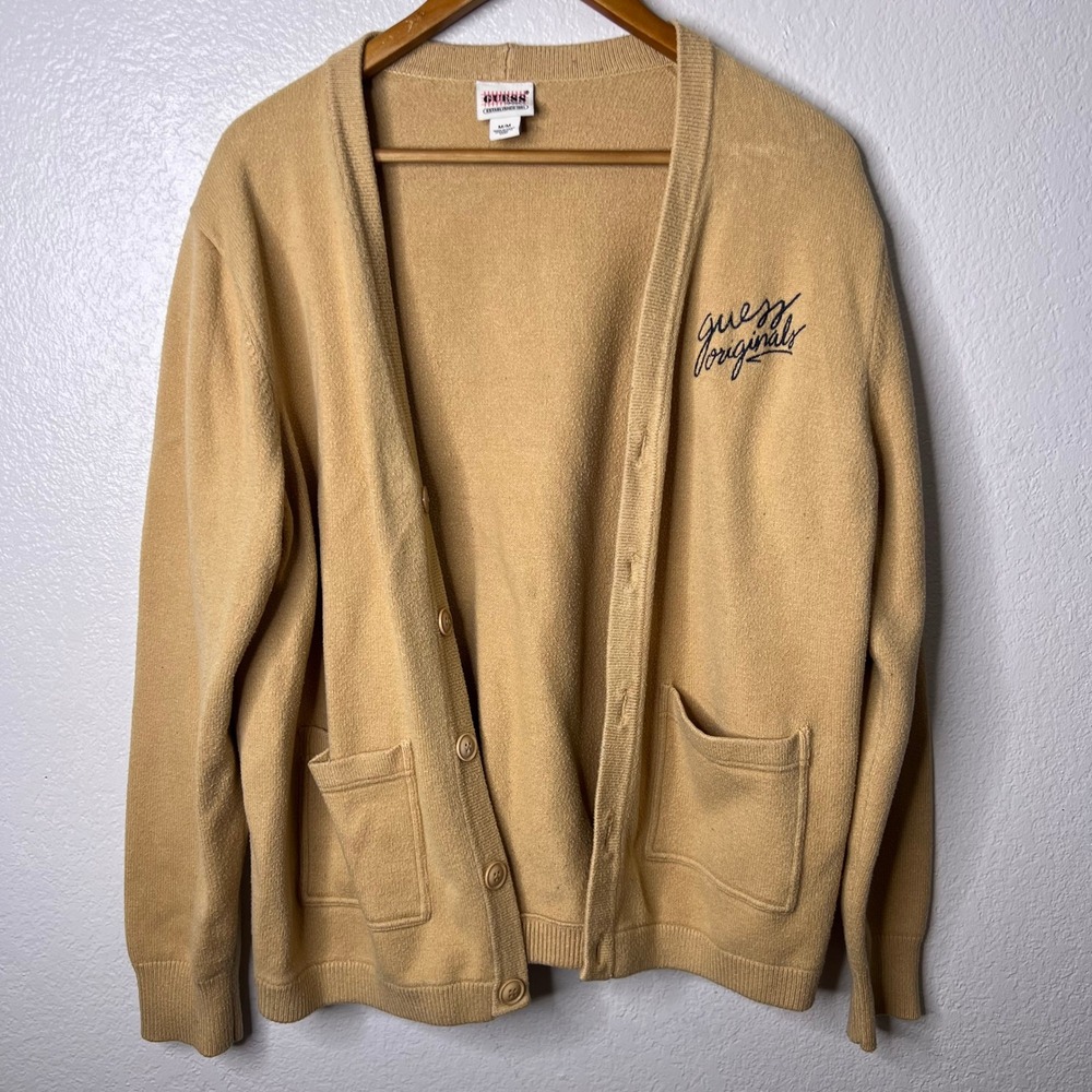 Vintage Guess Originals Tan Embroidered Logo Button Front Cardigan Sweater M - Picture 2 of 8